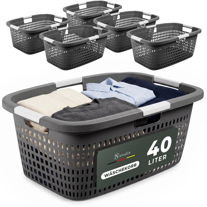 Novaliv Sparset 6X Wäschekorb mit 4 Griffen 40L Anthrazit, Wäschebox Set Wäscheeimer Wäschebehälter