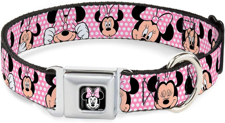 Buckle-Down Seatbelt Buckle Dog Collar - Minnie Mouse Expressions Polka Dot Pink/White - 1.5" Wide -