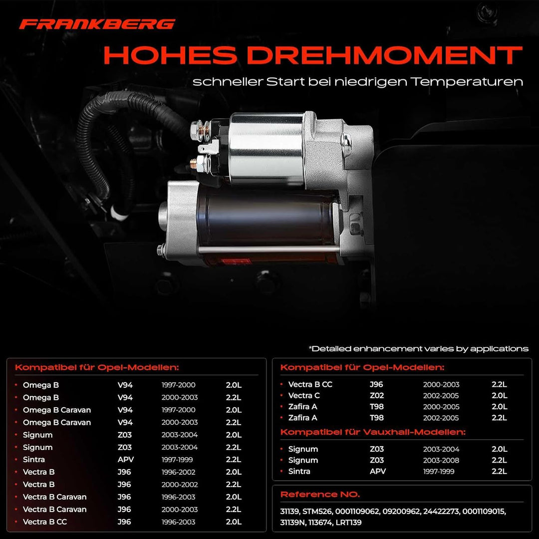 Frankberg Anlasser Starter Kompatibel mit Astra G F67 T98 1998-2005 Omega B 21 V94 1997-2003 Vectra