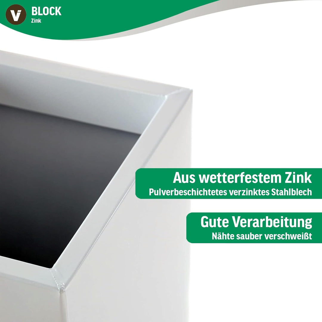 Einzel Zink Blumenkübel "Block" 100 cm, Weiss, inkl. Bewässerungsystem Weiss 100x40x40, Weiss 100x40