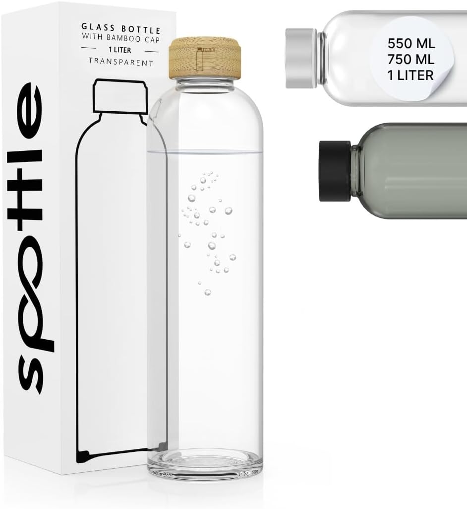 spottle Trinkflasche Glas 1L - Glasflasche in 500ml - 750ml oder 1 Liter - Glas Wasserflasche für Ko