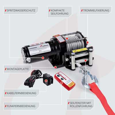 ROTFUCHS Elektrische Seilwinde 12V mit Funkfernbedienung – 1360 kg / 3000lbs Offroad Motorwinde Seil