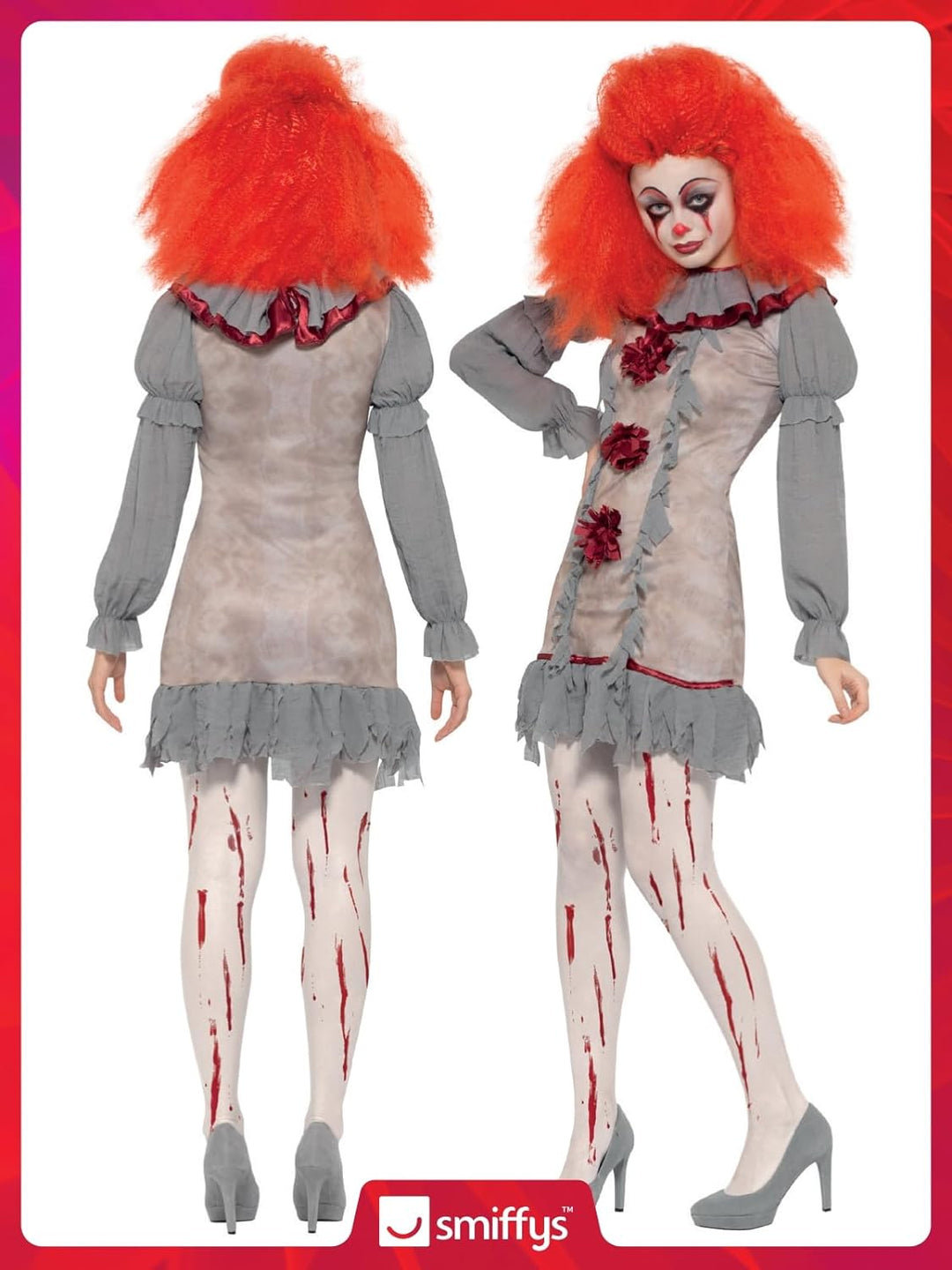 Vintage Clown Lady Costume (S) S - UK Size 08-10 Grau und Rot, S - UK Size 08-10 Grau und Rot