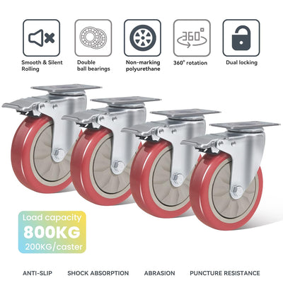 BAOLIHUI 4er Set Lenkrollen für Möbel 125MM Möbelrollen mit Bremse Schwerlastrollen 800kg Rot Rollen