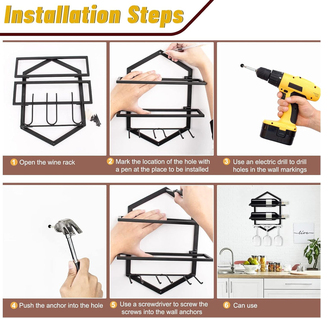 Metall Wandmontierter Weinhalter Rack, Weinglashalter Hängend Stehen Organizer für 2 Flaschen und 3