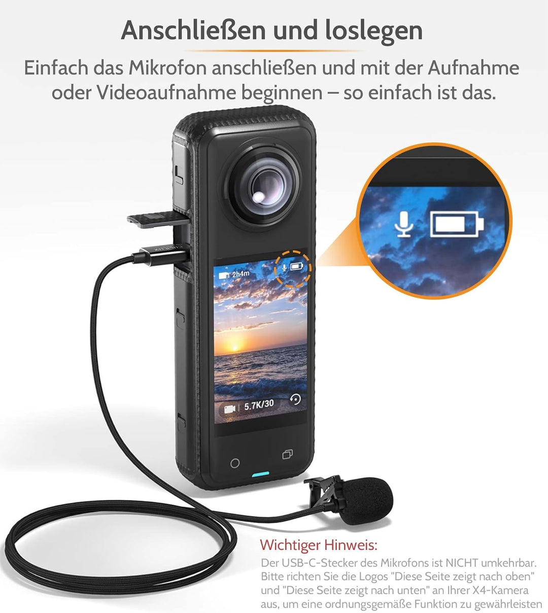 Cubilux Ansteckmikrofon für Insta360 X4, USB C Lavalier Mikrofon, omnidirektional & hochempfindlich,