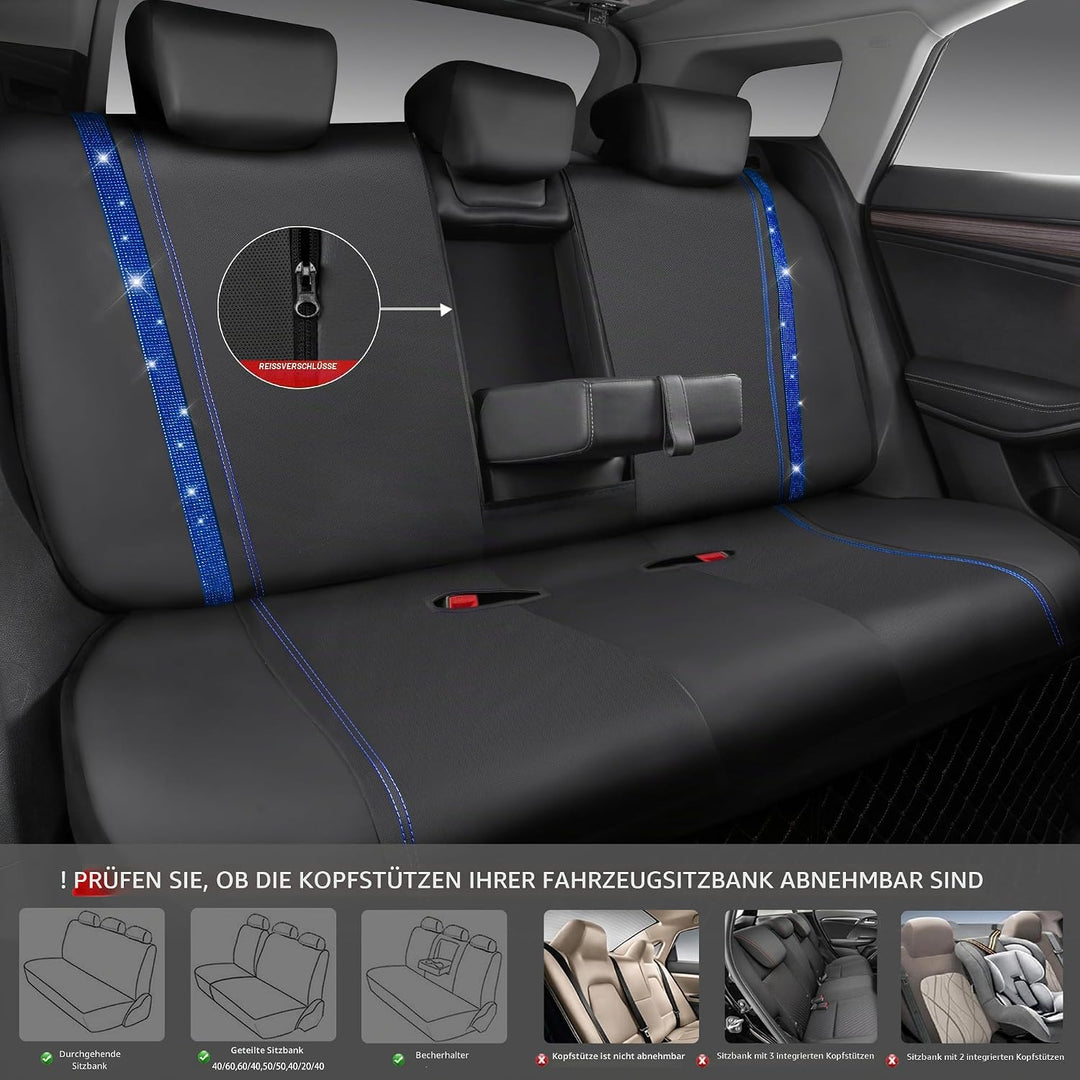 CAR PASS Wasserdicht Leder Autositzbezüge, Bling Diamant Komplettset Sitzbezug, Glänzend Kristall Gl