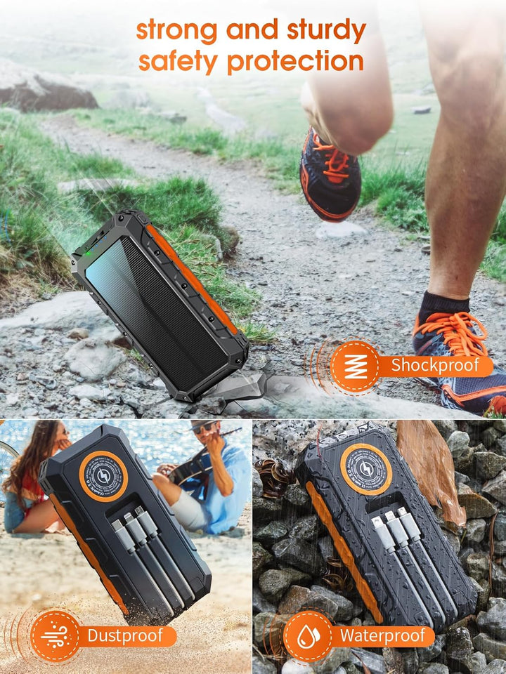 Solar Powerbank 52800mAh, 30W PD Power Bank Schnellladefunktion mit 3 Integrierten Kabel, 7 Ausgänge