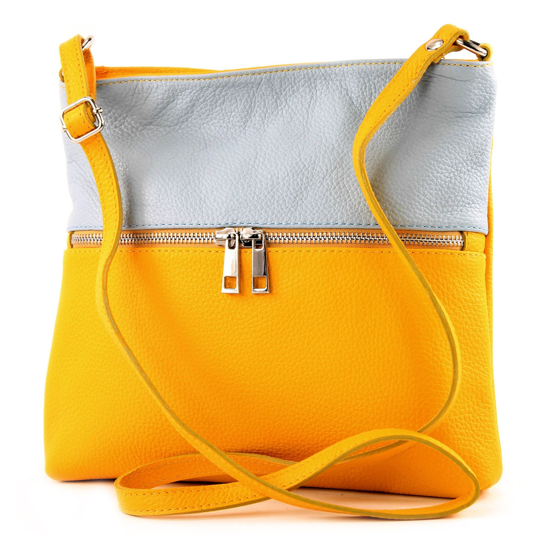 modamoda de - T144 - ital Umhängetasche Schultertasche aus Leder Gelb/Eisblau, Gelb/Eisblau