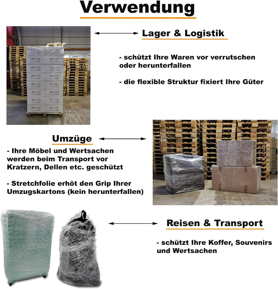 Verpacking Stretchfolie 20 my transparent 500mm x 300m 3 Rollen reissfeste Umzugsfolie + 1 Abroller