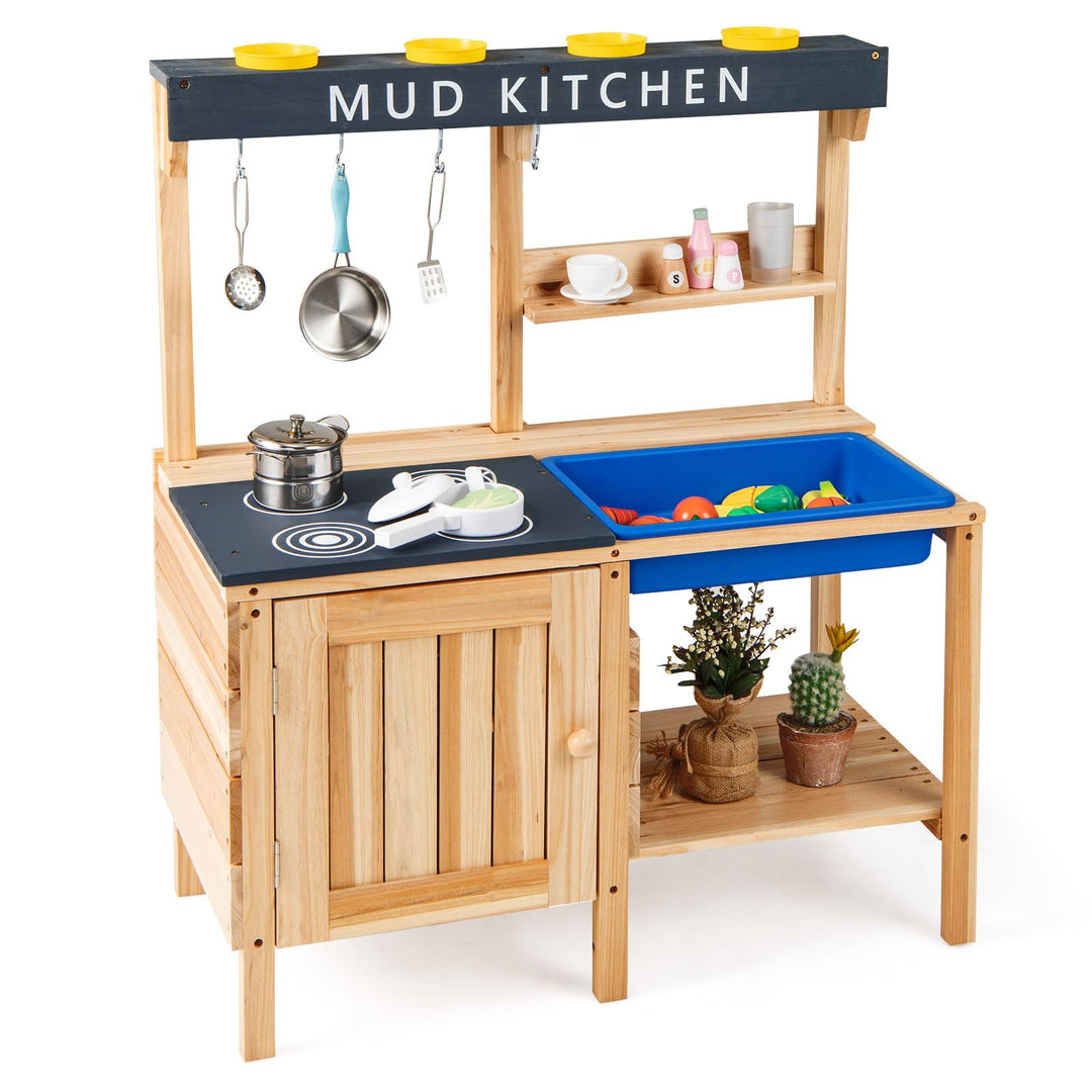 COSTWAY Matschküche Kinder Outdoor, Spielküche mit abnehmbarem Waschbecken & Zubehör, Holz Kinderküc