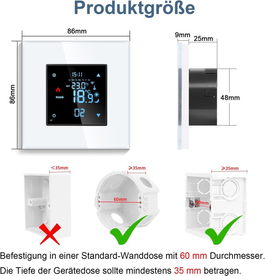 CNBINGO Zigbee Smart Thermostat Unterputz mit Fühler, Digitaler Raumthermostat für Wasser Fussbodenh