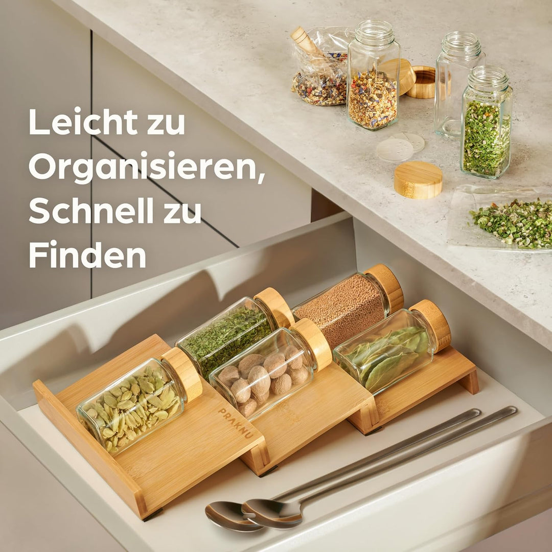 Praknu Gewürzregal mit Gläsern - Gewürzregal aus FSC® Holz - 12er-Set Gewürzgläser eckig mit Bambusd