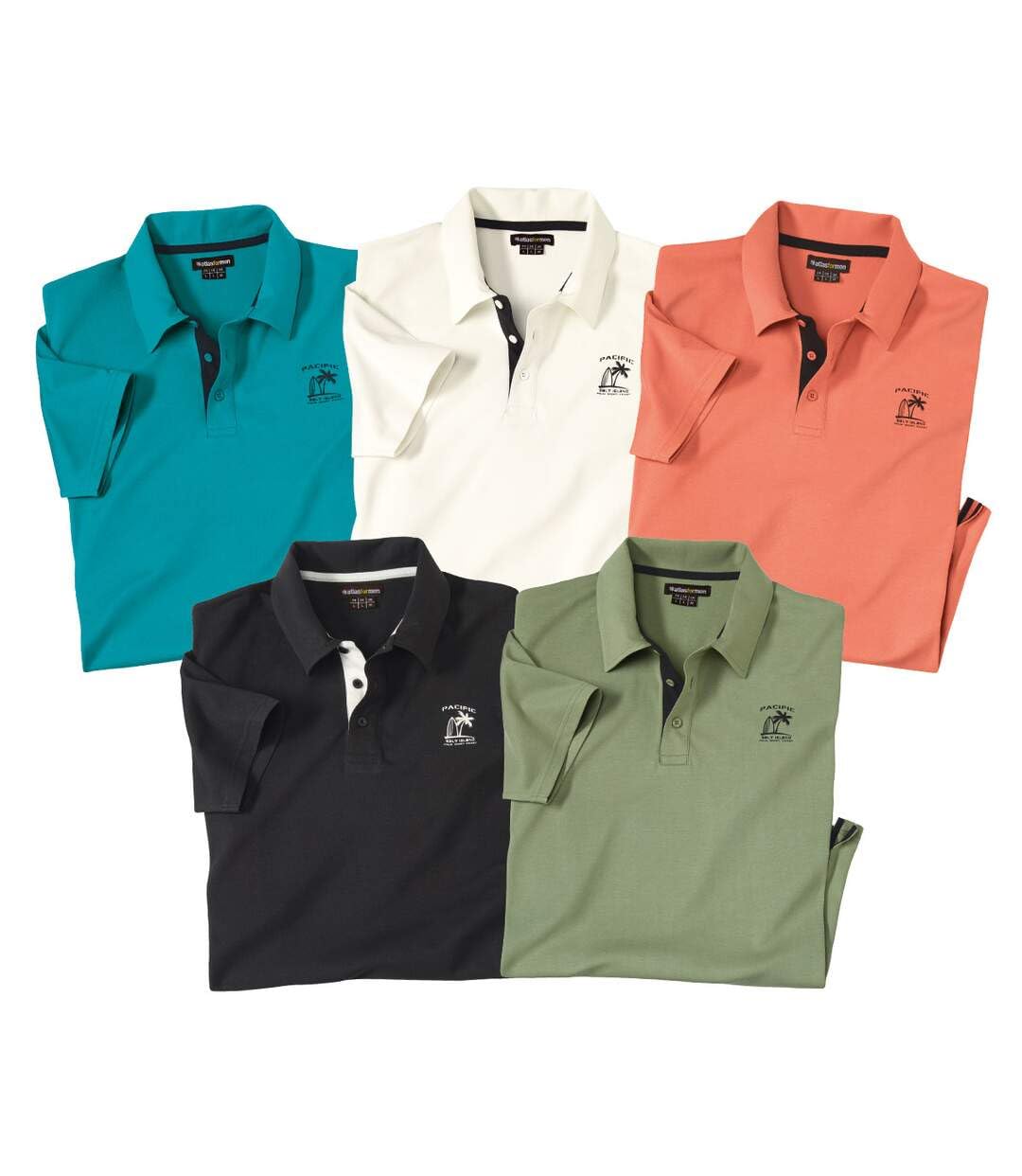 ATLAS FOR MEN - 5er Pack Polohemden für Männer - In grossen Grössen erhältlich L Orange, Grün, Schwa