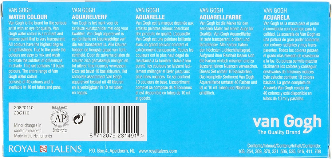 Talens VAN GOGH Aquarellfarbe Basis-Set mit 10 x 10 ml Tuben im Karton 10 ml (10er Pack) 10 General