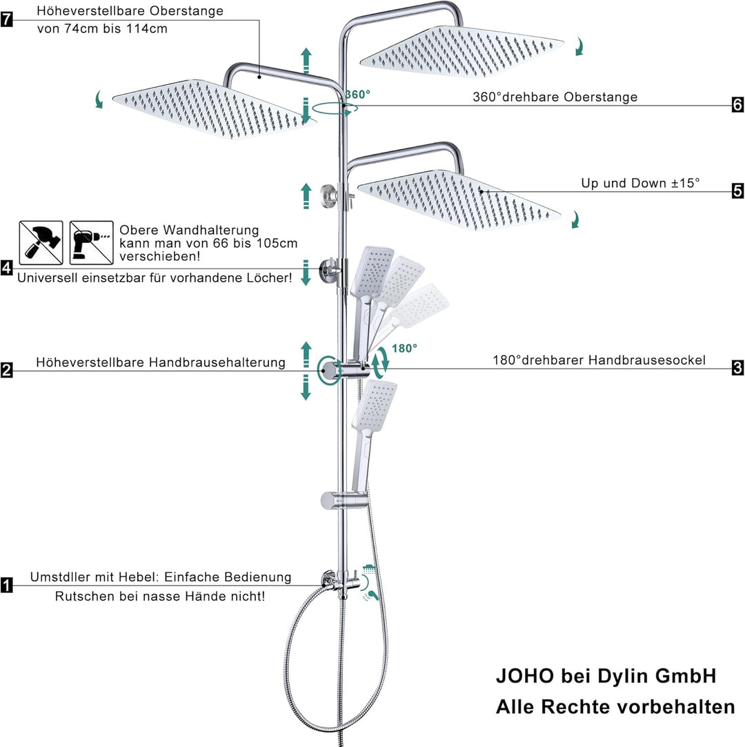 JOHO 304 Edelstahl Duschset Duschsystem Regenduschset mit Kopfbrause 35x25cm Chrom rechteckig 35x25c