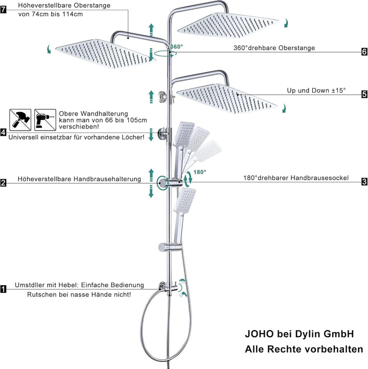 JOHO 304 Edelstahl Duschset Duschsystem Regenduschset mit Kopfbrause 35x25cm Chrom rechteckig 35x25c