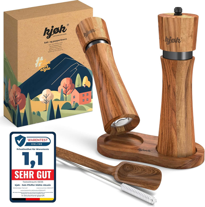 kjøk Premium Salz und Pfeffer Mühle massives Akazienholz mit Untersetzer, Reinigungsbürste und Einfü