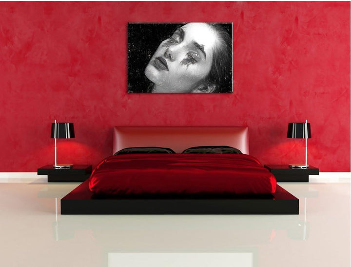 Pixxprint Frau mit roten Puder als Leinwandbild/Grösse: 100x70 cm/Wandbild/Kunstdruck/fertig bespann