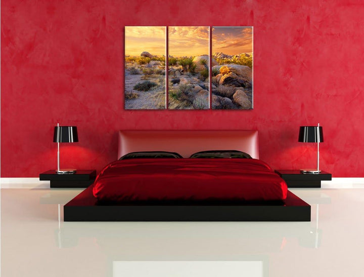 Pixxprint Joshua Wüste im Sonnenuntergang 3-Teiler Leinwandbild 120x80 Bild auf Leinwand
