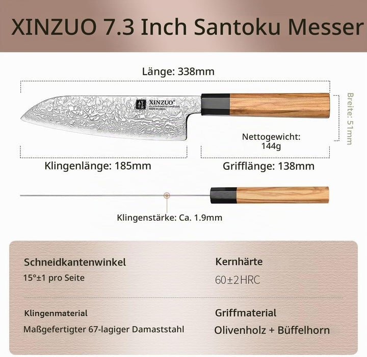 XINZUO 18,5cm Santokumesser, 67 Schichten Damaststahl Küchenmesser Multifunktions Damastmesser Profi