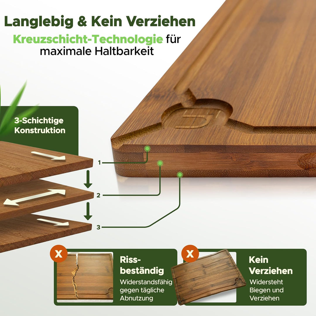 naturlik XXL Schneidebrett Karbonisiert 45x30cm - Grosses Bambus Holzschneidebrett mit Saftrille & G