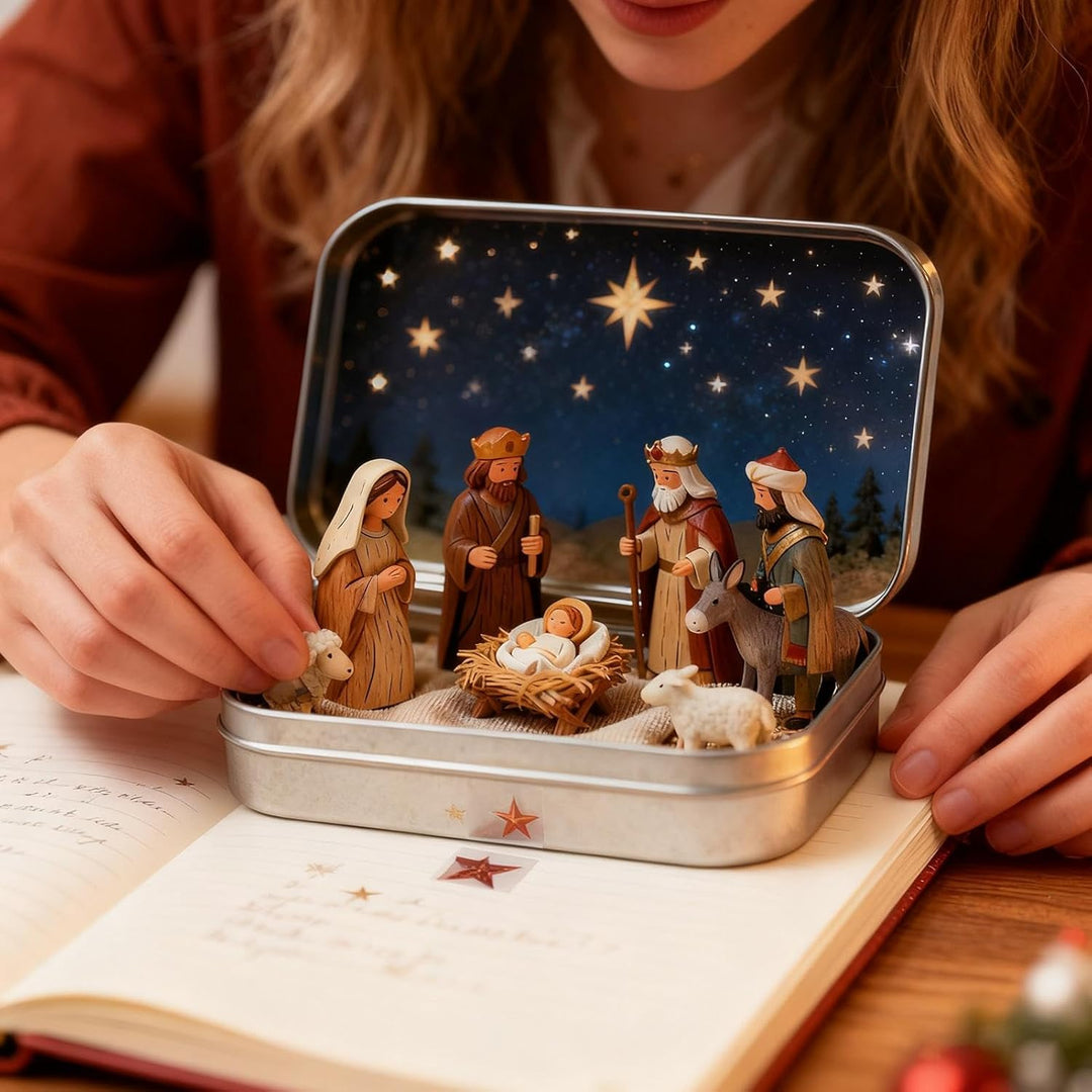 Mini-Weihnachtskrippen-Set in dekorativer Blechdose, Harzfiguren mit Sternennacht-Hintergrund, 9,5 x