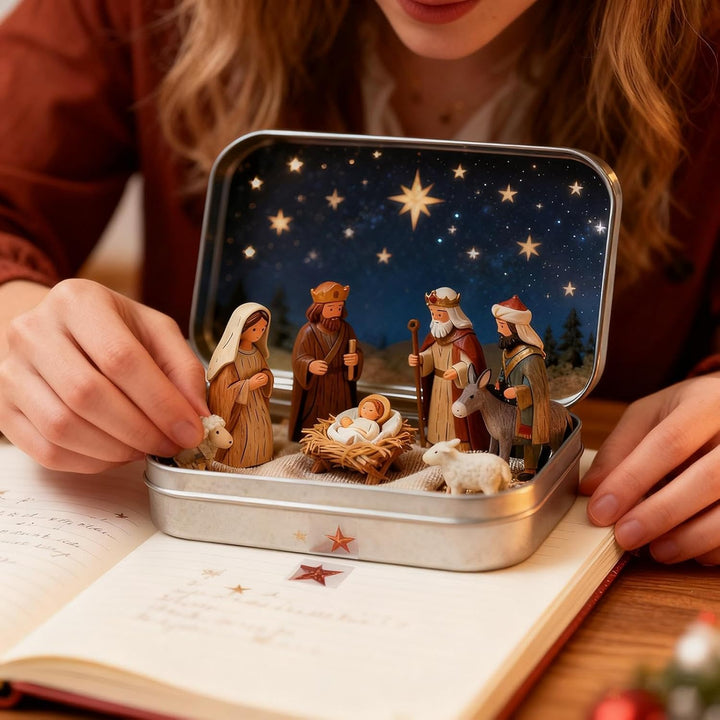 Mini-Weihnachtskrippen-Set in dekorativer Blechdose, Harzfiguren mit Sternennacht-Hintergrund, 9,5 x