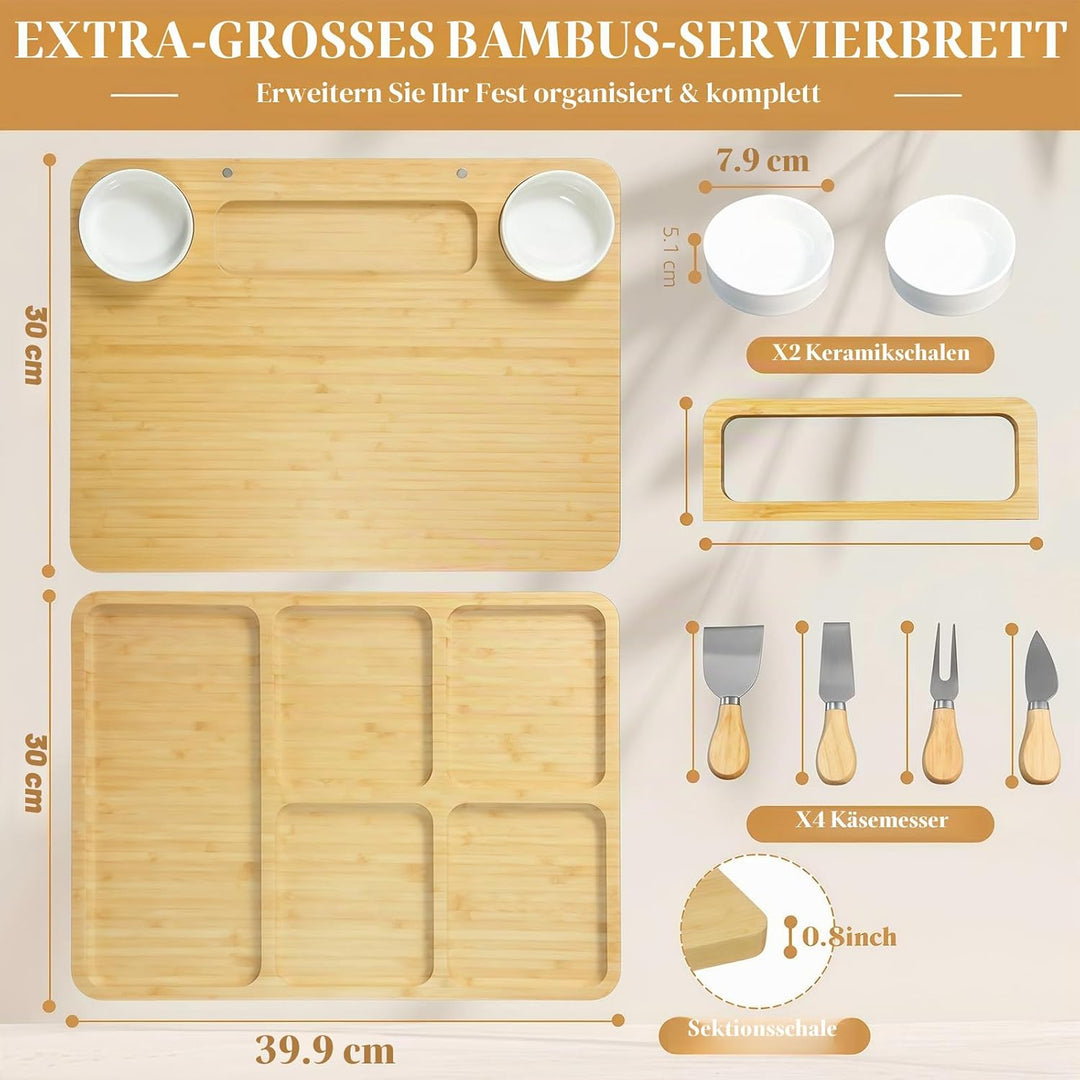 Grosses Bambus Charcuterie Board Set (40x30x2 cm) Käsebrett & Platten Zubehör mit Messern für Gesell