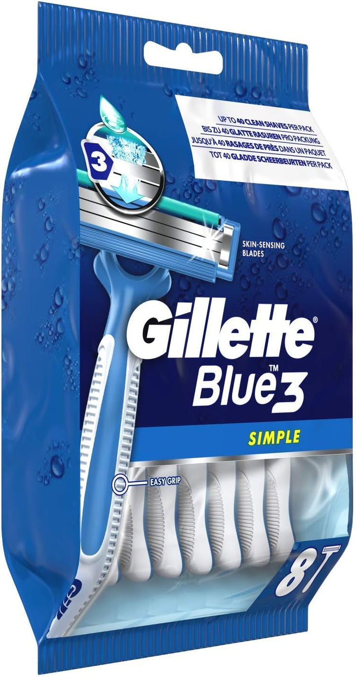 Gillette Blue 3 Simple Einwegrasierer Männer, 8 Rasierer mit 3-fach Klinge, fixierter Klingenkopf, F