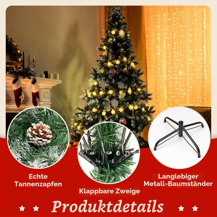 GIGALUMI Künstlicher Weihnachtsbaum mit Schnee-Effekt 180cm 1100 Spitzen Tannenbaum mit beschneiten