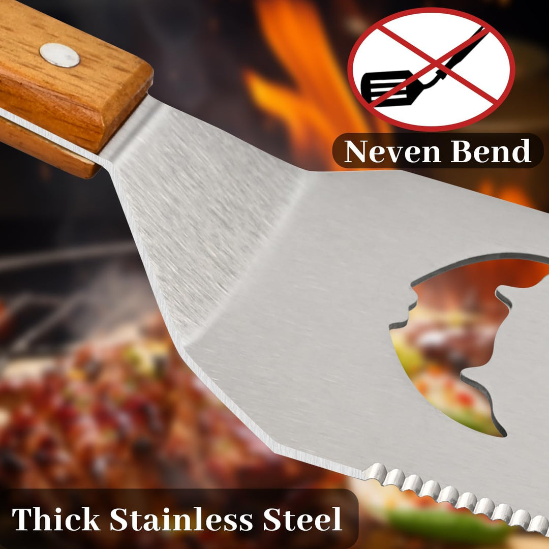 BBQ Grillwerkzeug-Set, 17 Zoll Edelstahl-Wender mit Flaschenöffner, Holzgriff BBQ-Zubehör für das Gr
