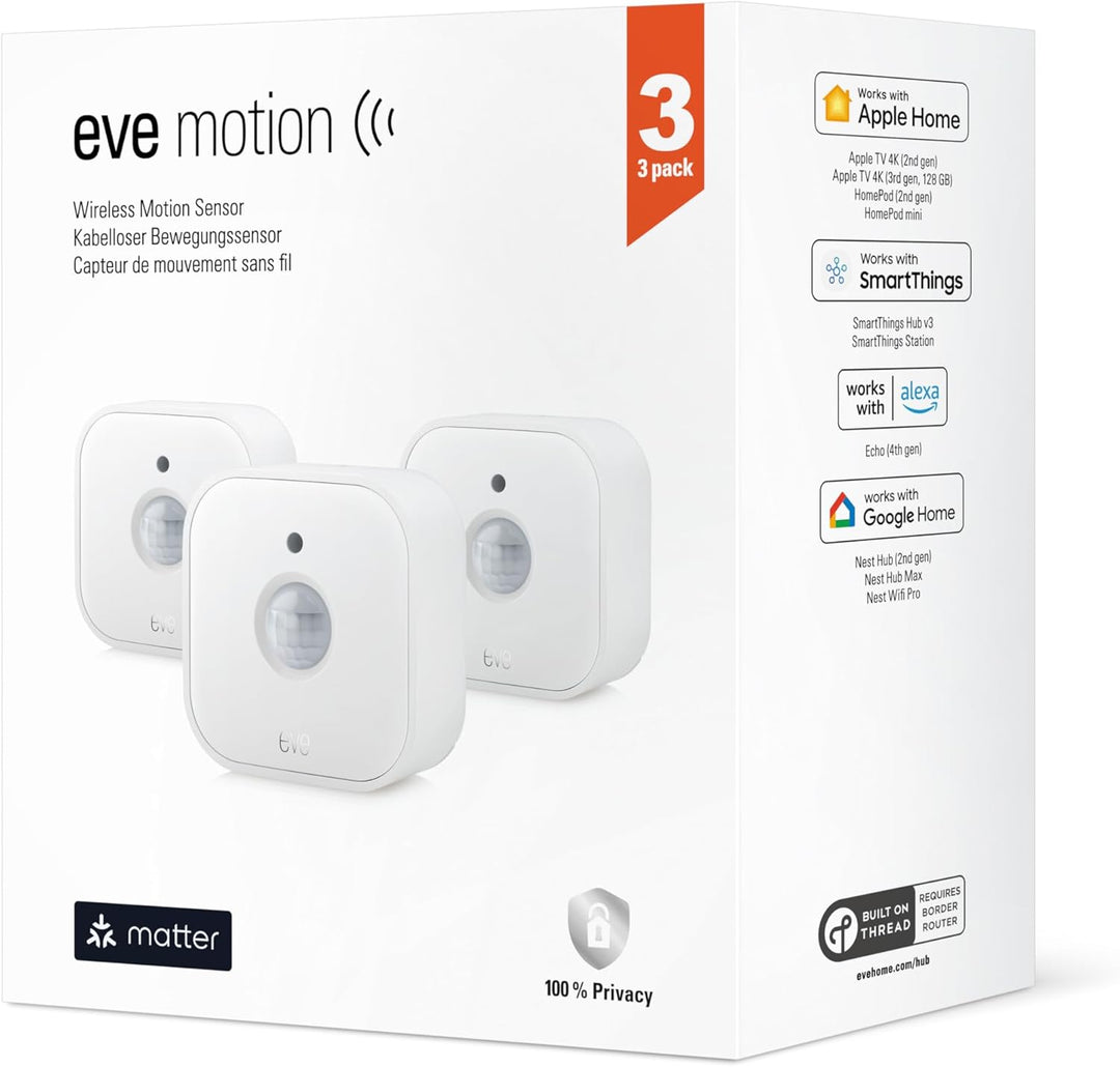 Eve Motion (Matter) 3er Set – Bewegungs- und Lichtsensor, Innen- & Aussenbereich, Aktivierung von Le