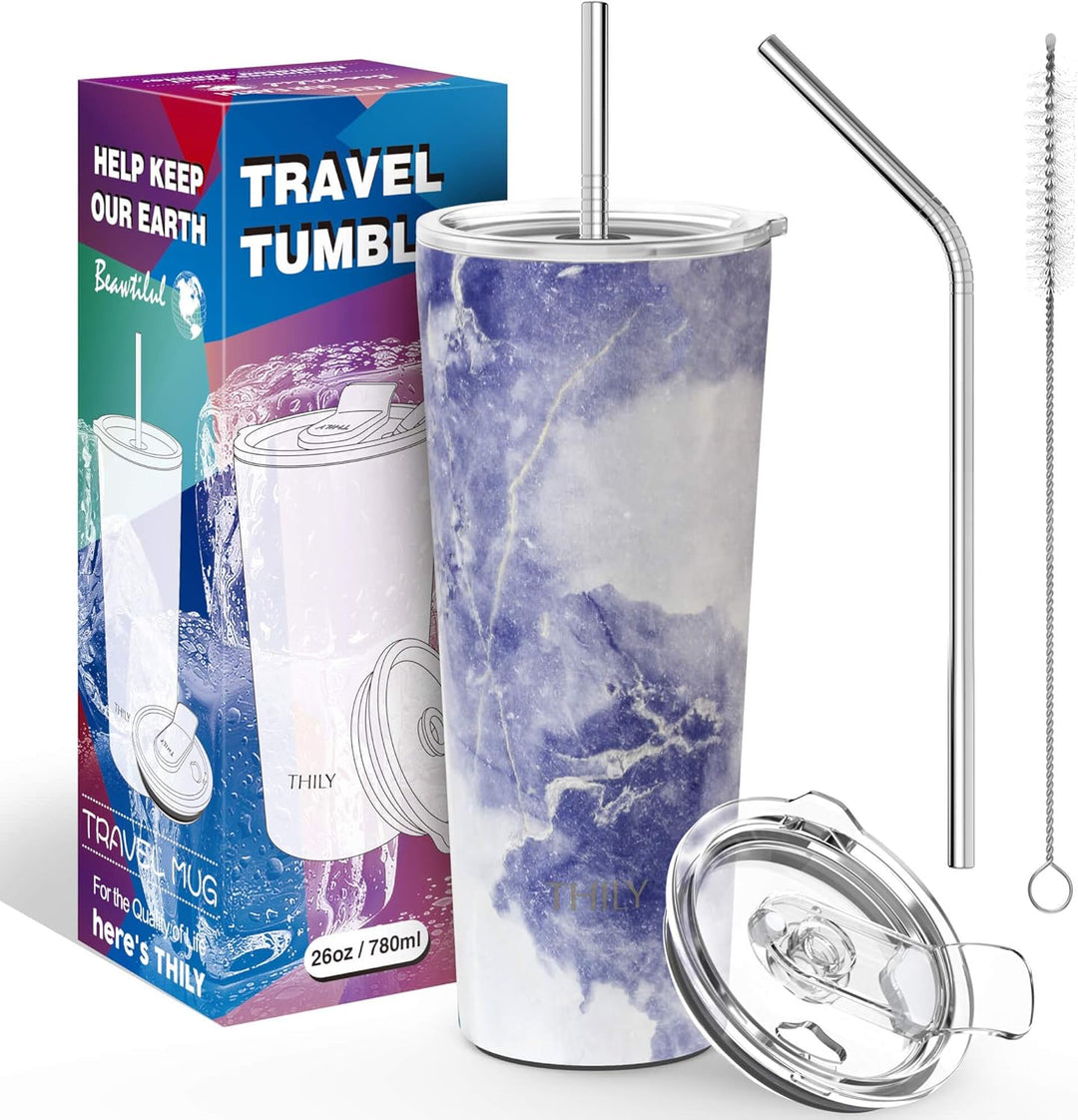 Thily Thermobecher aus Edelstahl, vakuumisoliert, 780ml, Kaffeetasse mit 2 Deckeln und Strohhalmen,