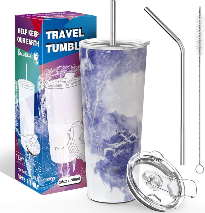 Thily Thermobecher aus Edelstahl, vakuumisoliert, 780ml, Kaffeetasse mit 2 Deckeln und Strohhalmen,