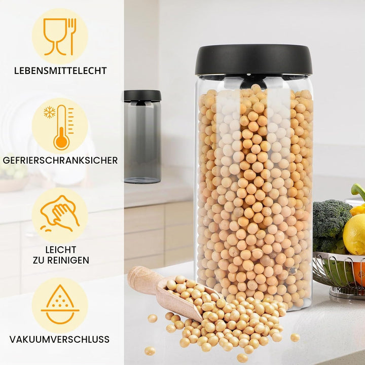 Kaffeedose Luftdicht, Kaffeebohnen Behälter Vakuumdeckel 1.8L, Vorratsdosen Mit Deckel Luftdicht Gla