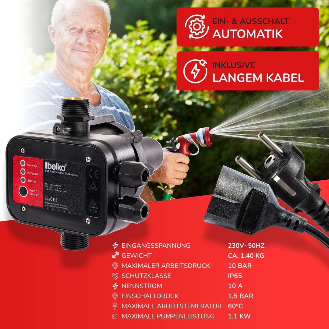 Belko Druckwächter Druckschalter für Wasserpumpen, mit Kabel bis 10 Bar, Gartenbewässerung elektroni