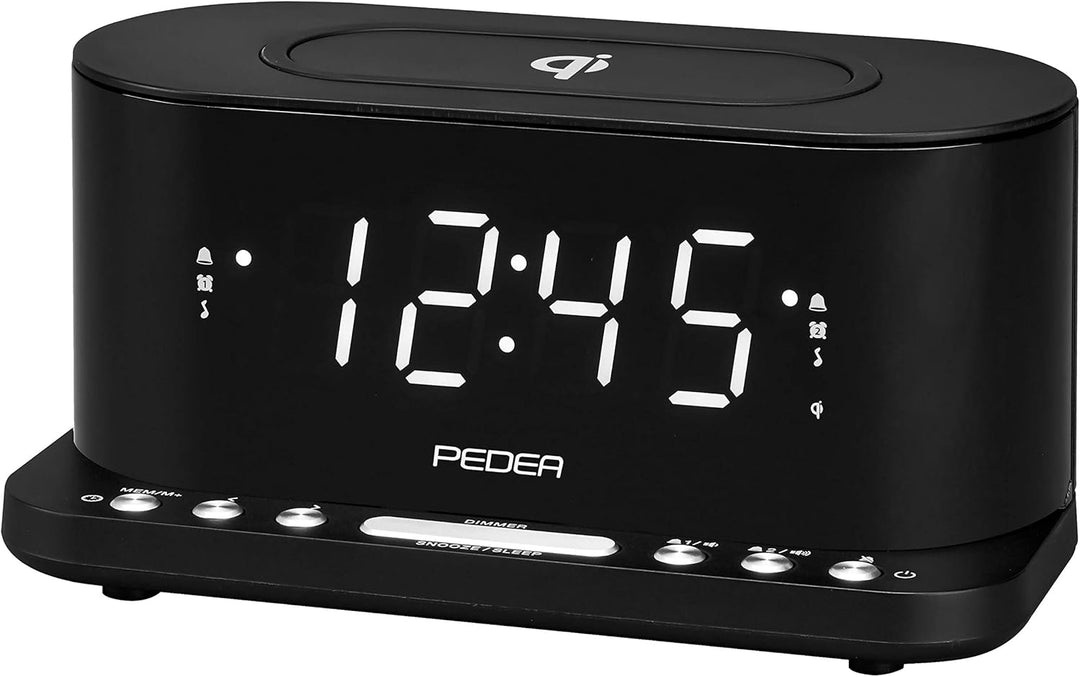 PEDEA FM Radiowecker mit induktiver QI-Ladefunktion und dimmbarem Display, Snooze, Dual Alarm und Sl