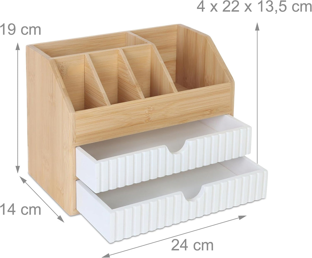 Relaxdays Schreibtisch Organizer, Schubladen & Fächer, HxBxT: 19 x 24 x 14 cm, Bambus & MDF, Büroauf