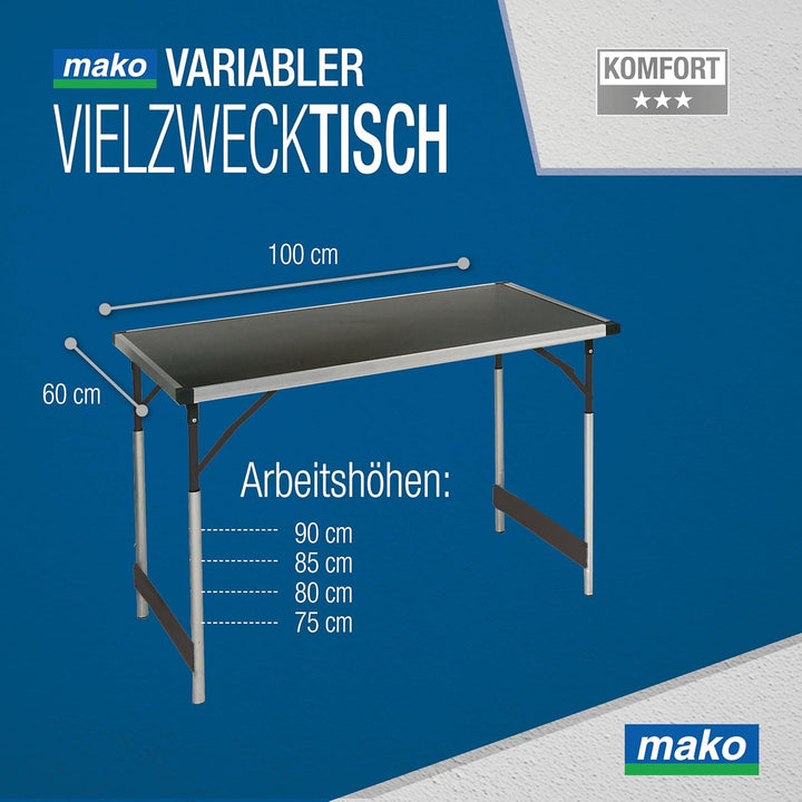 mako Multifunktionstisch Profi – Höhenverstellbarer Mehrzwecktisch 60 x 100 cm - Campingtisch, Klapp