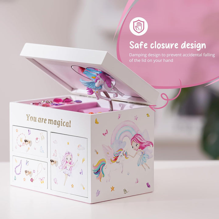 Lolalet Mädchen Schmuckkästchen, Holzschmuck Organizer mit Einhorn, Schmuckkasten für Halskette Ohrr
