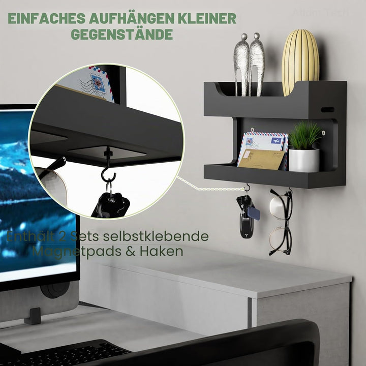 NiHome Wandregal aus Holz mit Doppelablage und magnetischen Haken, Wandhalterung für Nachttisch, Sch