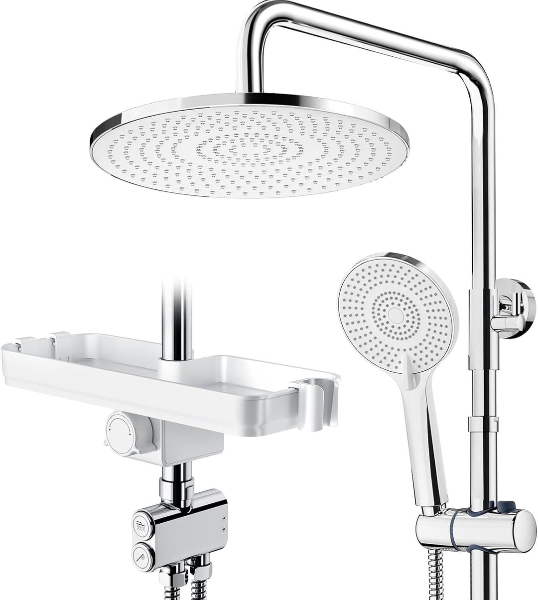 Rainsworth Duschsystem mit Ablage Chrom - 25 X 25 cm Rund Regendusche und 3 Strahlarten Duschkopf, m