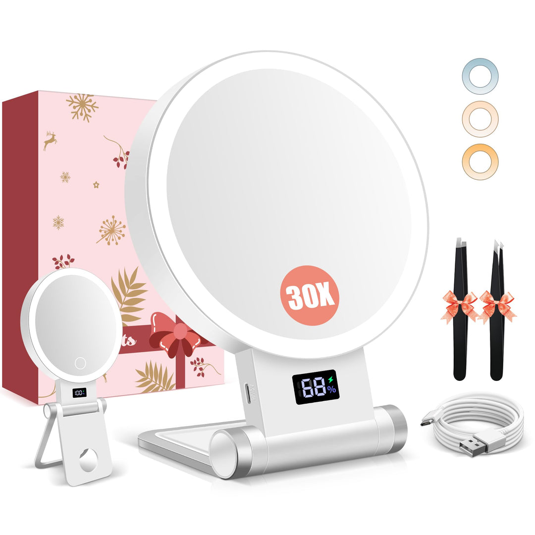 B Beauty Planet 30X/1X Kosmetikspiegel mit Beleuchtung, Digitaler Batterieanzeige, 4-in-1-Ständer, D