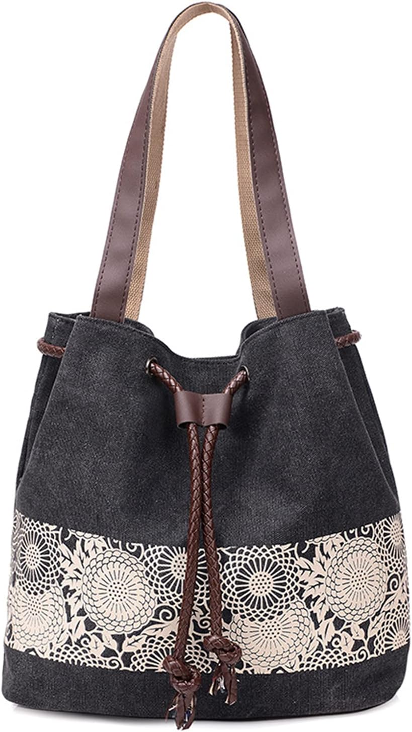 PORRASSO Damen Schultertasche Canvas Tote Umhängentasche Retro Kordelzug Beuteltasche Frauen Shopper