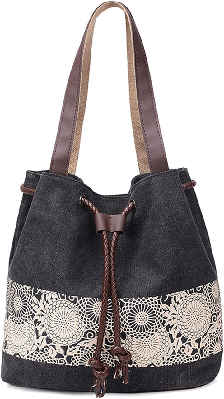 PORRASSO Damen Schultertasche Canvas Tote Umhängentasche Retro Kordelzug Beuteltasche Frauen Shopper