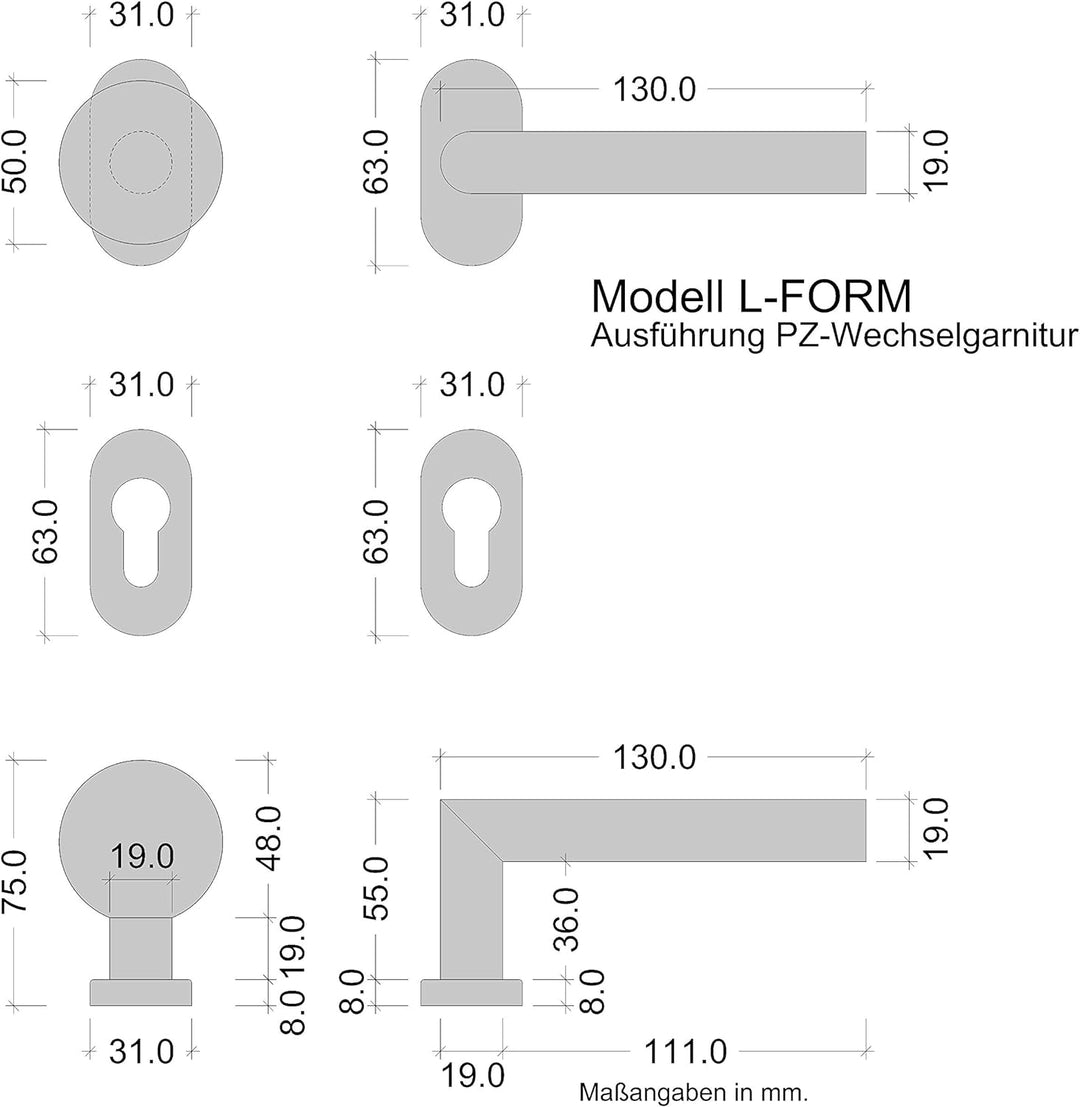 Gedotec Türgriff Zimmertür Wechselgarnitur Gartentor Türbeschlag Edelstahl L-Form auf Ovalrosette |