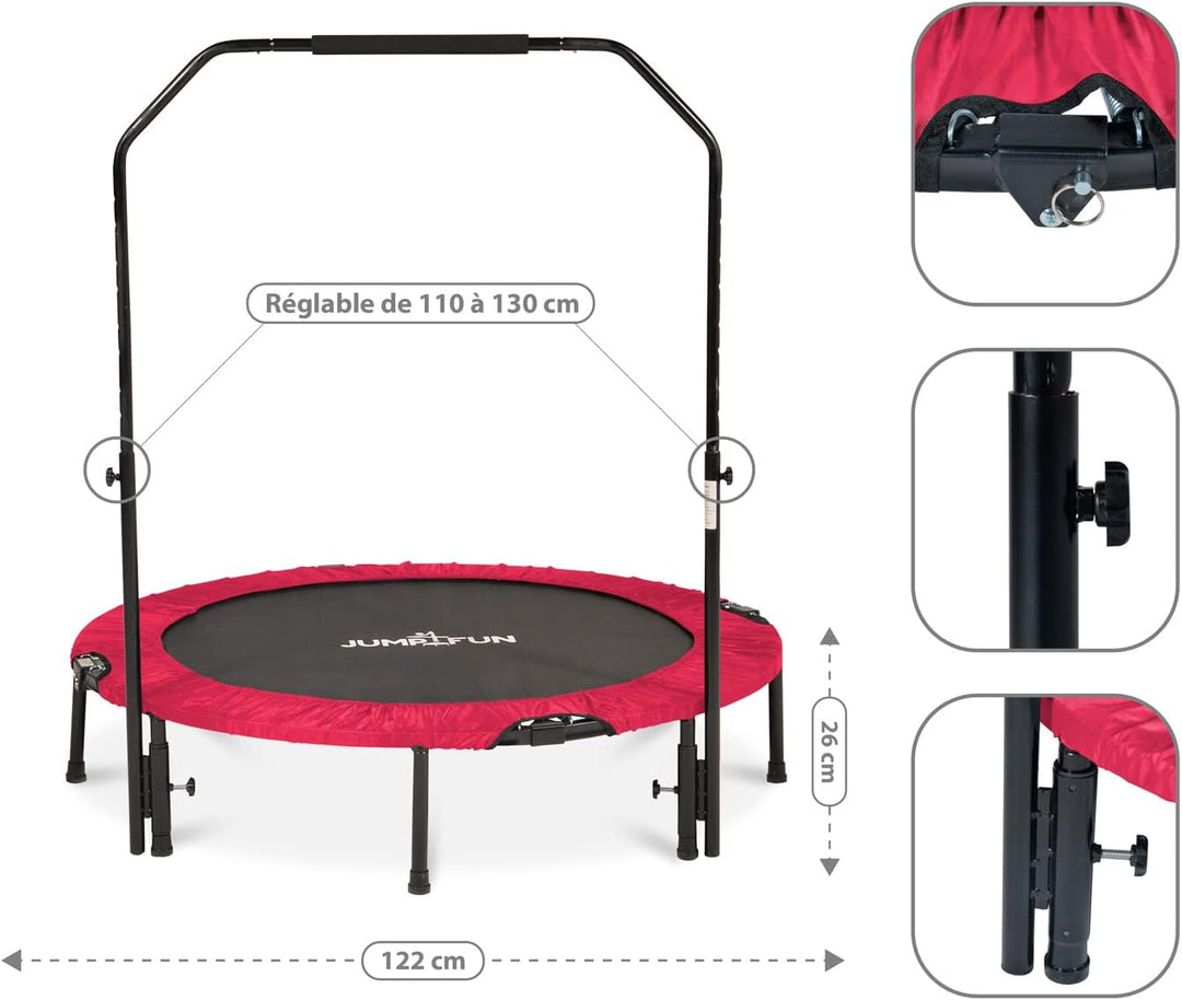 JUMP4FUN Mini-Trampolin, Fitness, faltbar, Doppel-Bar – Ø 122 cm, Rot