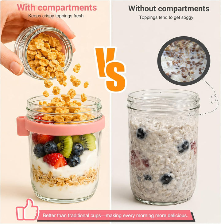 Müslibecher to go mit Löffel 2er Set 480ml+120ml | Overnight Oats Gläser, Joghurtbecher, Doppelschic