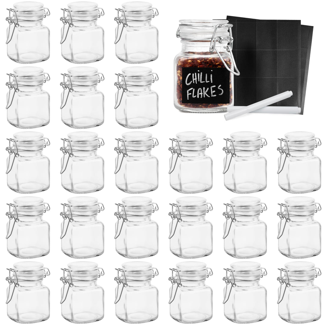 Oak & Steel - 24 Gewürzgläser mit Bügelverschluss, 48 Etiketten und Stift 100ml - Ideal für die Aufb